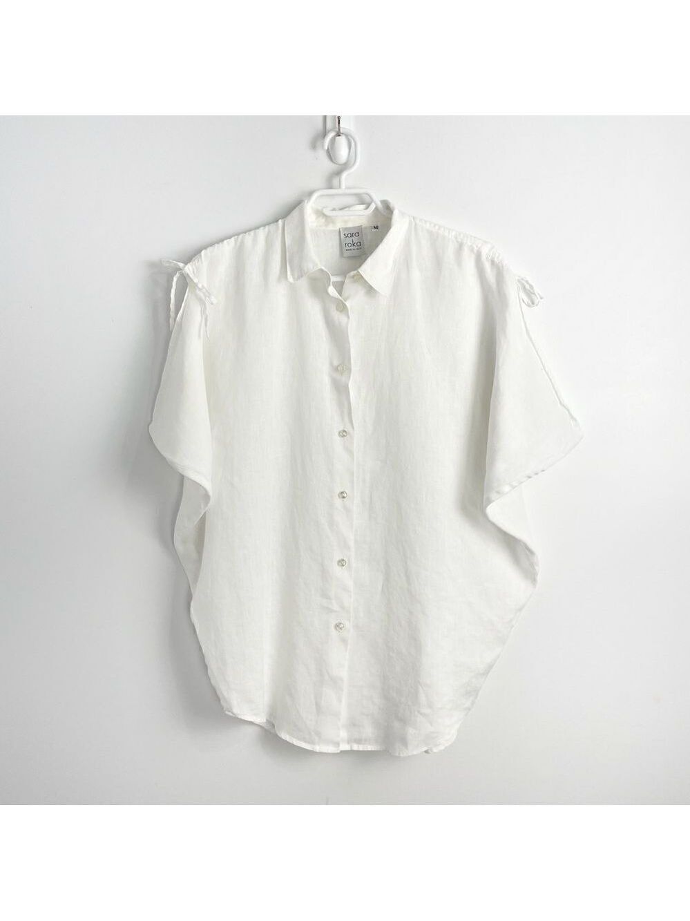 Sara Roka White Linen Button Down Blouse Sz Medium
